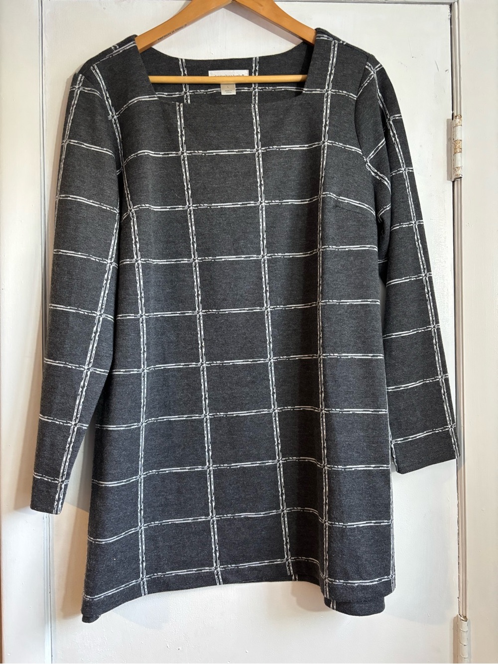 Christopher & Banks Dark Gray Long-Sleeve Windowpane Shift Dress